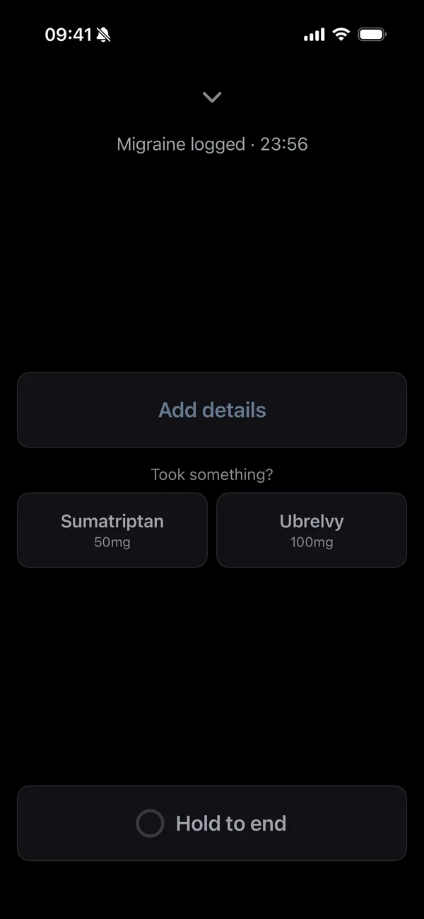 Attack Mode: a near-black screen with a single Add details button and Hold to end.