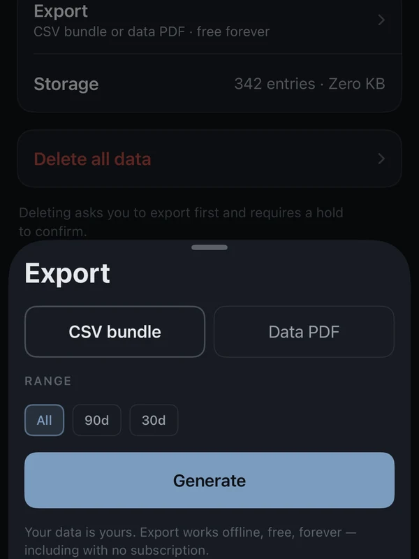 Umber's export sheet offering CSV and PDF for any date range.