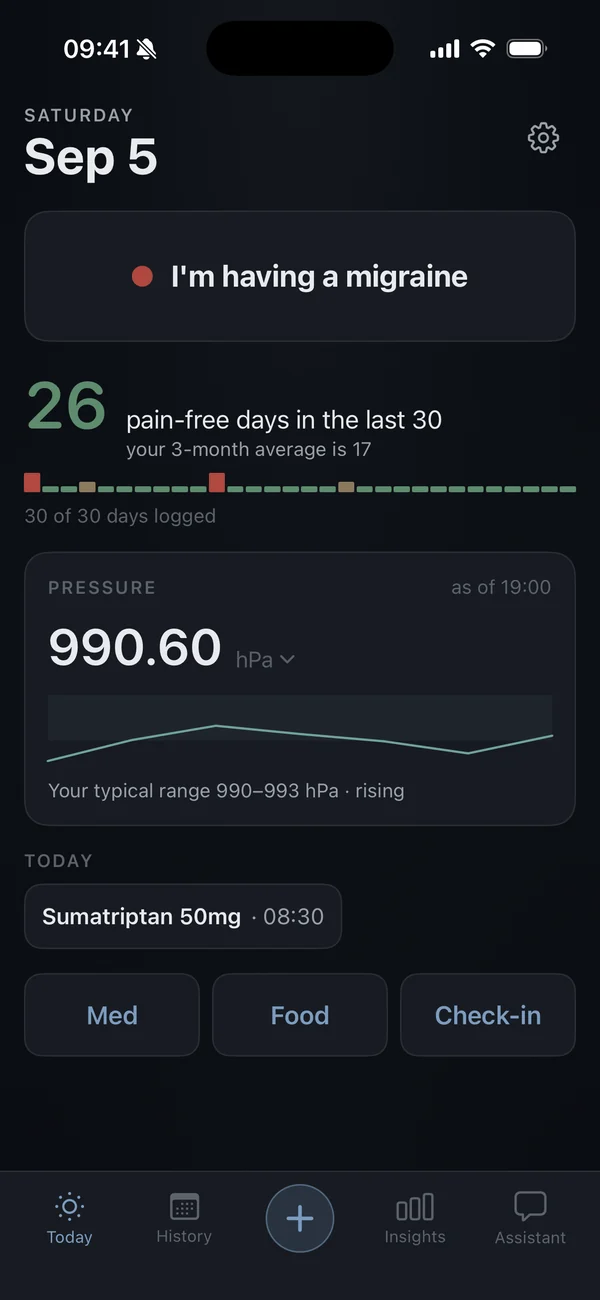 Umber's Today screen: a large one-tap migraine button above a pressure card.